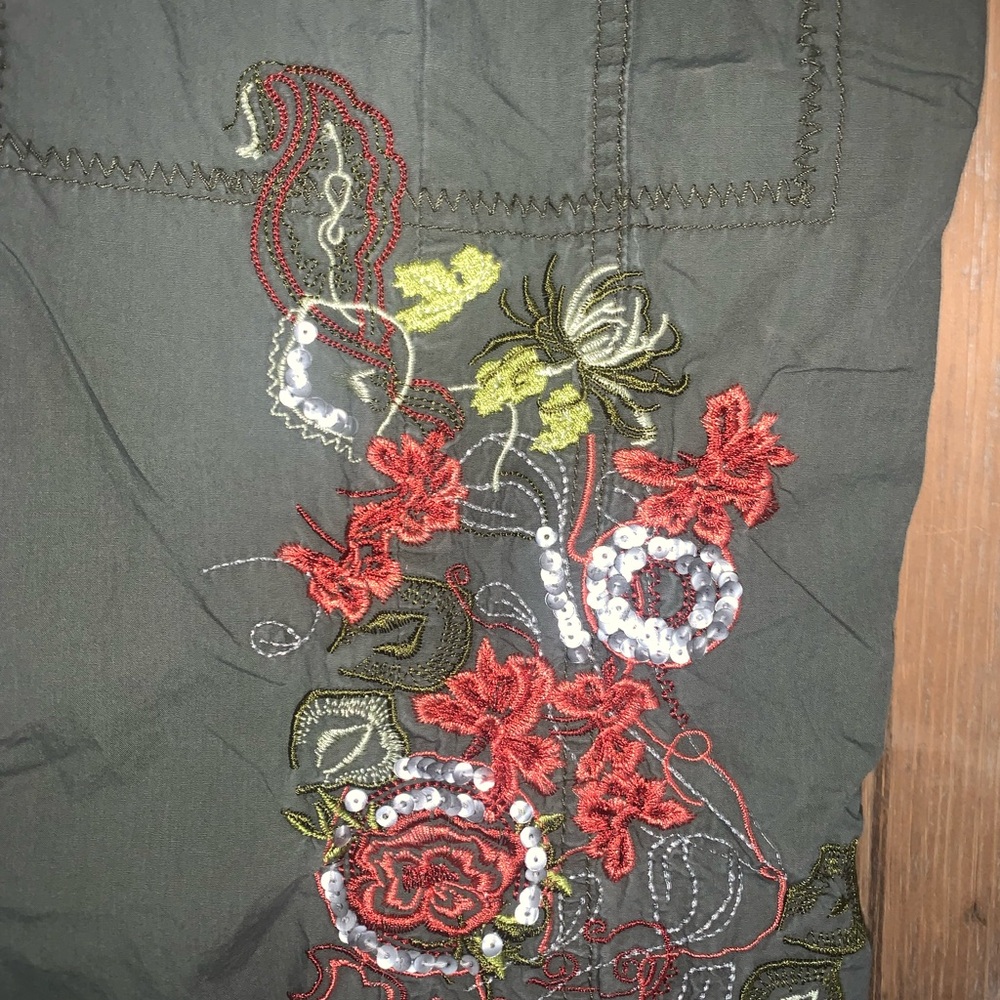 Super Low Rise Embroidered Olive Green Pants with Sequins